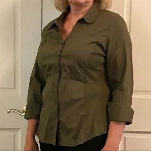 Olive green shirt. Two types of fabric.